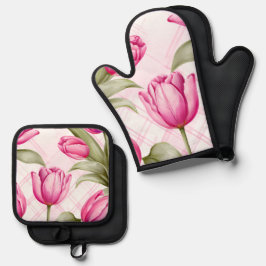 Pink Tulips and Plaid Spring Floral 鍋つかみ&鍋敷きセット