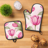 Pink Tulips and Plaid Spring Floral 鍋つかみ&鍋敷きセット (トップダウン)