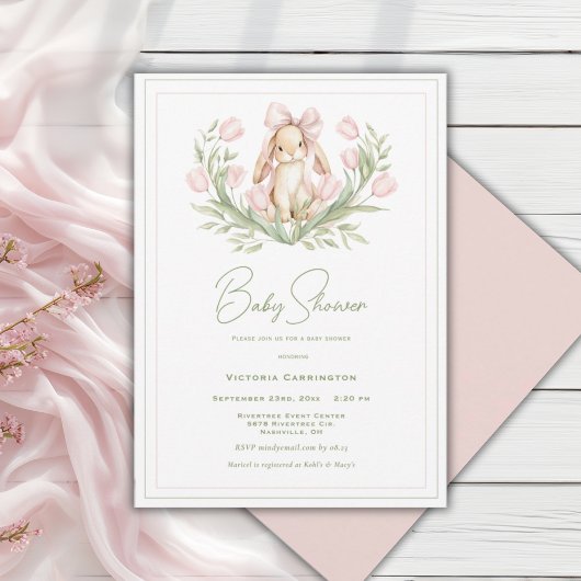 Pink Tulips Bunny Ribbon Baby Shower 招待状