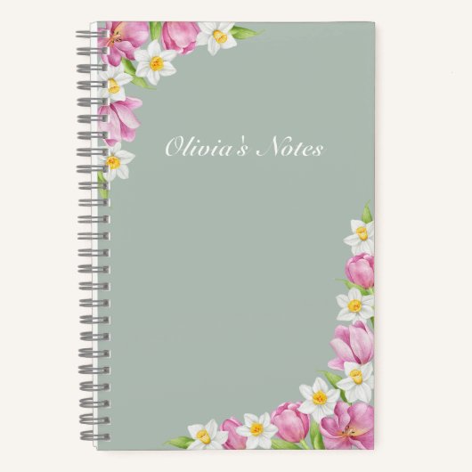 Pink Tulips & Daffodils Spring Flowers Notebook ノートブック (正面)