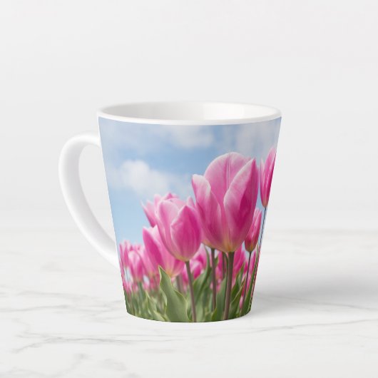 Pink Tulips Floral Mug – Nature Lover Gift カフェラテマグ (左アングル)