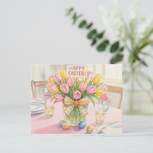 Pink Tulips Happy Easter  ポストカード (スタンド正面)