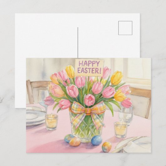 Pink Tulips Happy Easter  ポストカード (正面/裏面)