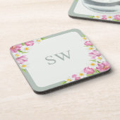 Pink Tulips Spring Flowers Monogram Coasters コースター (左側)