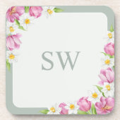 Pink Tulips Spring Flowers Monogram Coasters コースター (正面)