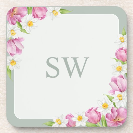Pink Tulips Spring Flowers Monogram Coasters コースター (正面)