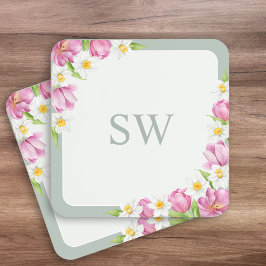 Pink Tulips Spring Flowers Monogram Coasters コースター