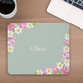 Pink Tulips & White Daffodils Floral Mouse Pad マウスパッド
