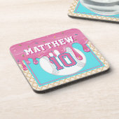 Pink & Turquoise Baseball Drip Birthday Party コースター (左側)