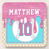 Pink & Turquoise Baseball Drip Birthday Party コースター (正面)