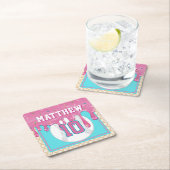 Pink & Turquoise Baseball Drip Birthday Party スクエアペーパーコースター (インサイチュ)