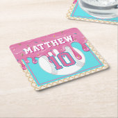 Pink & Turquoise Baseball Drip Birthday Party スクエアペーパーコースター (アングル)
