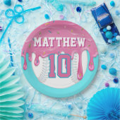 Pink & Turquoise Baseball Drip Birthday Party ペーパープレート (パーティー)