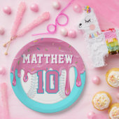 Pink & Turquoise Baseball Drip Birthday Party ペーパープレート (パーティー)