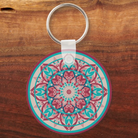 Pink & Turquoise Boho Mandala キーホルダー (正面)