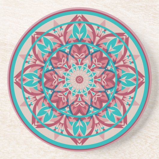 Pink & Turquoise Boho Mandala コースター (正面)