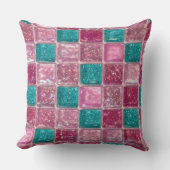Pink Turquoise Glitter Mosaic Sparkly Glam クッション (正面)