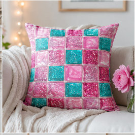 Pink Turquoise Glitter Mosaic Sparkly Glam クッション