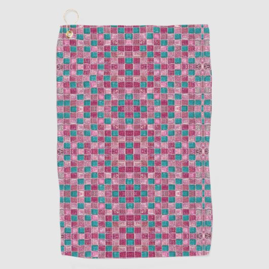 Pink Turquoise Glitter Mosaic Sparkly Glam ゴルフタオル (正面)