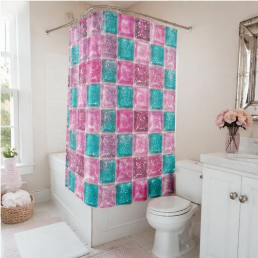 Pink Turquoise Glitter Mosaic Sparkly Glam シャワーカーテン