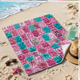 Pink Turquoise Glitter Mosaic Sparkly Glam ビーチタオル
