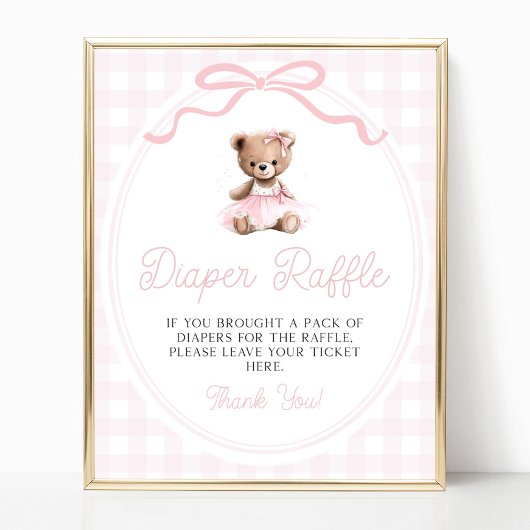 Pink Tutu Teddy Bear Baby Shower Diaper Raffle ポスター