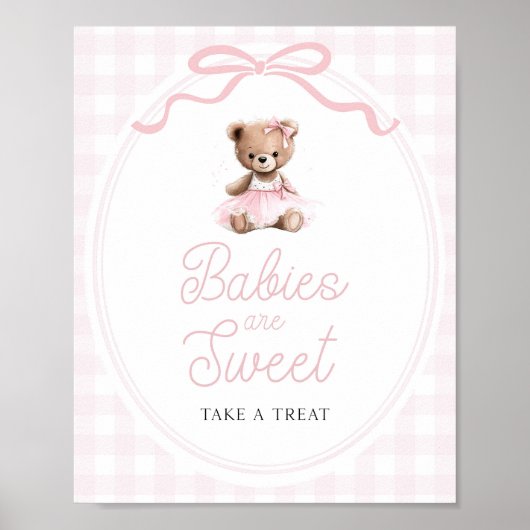 Pink Tutu Teddy Bear Baby Shower Sweets Table Sign ポスター (正面)