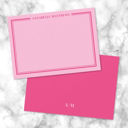 Pink Two Border Minimalist Name Monogram ノートカード