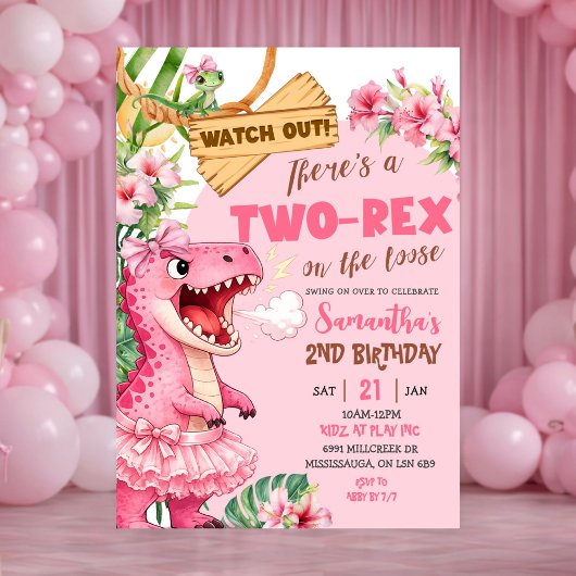 Pink Two Rex On The Loose Third Birthday 招待状