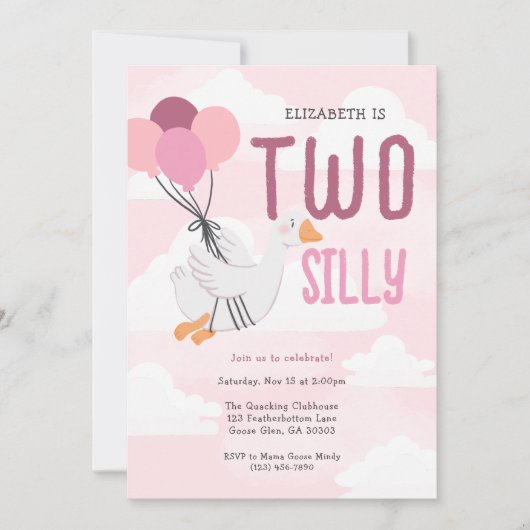 Pink Two Silly Goose 2nd Birthday 招待状 (正面)