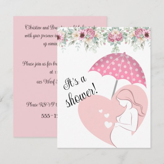 Pink Umbrella Baby Shower Digital Download Invite 招待状 (正面/裏面)