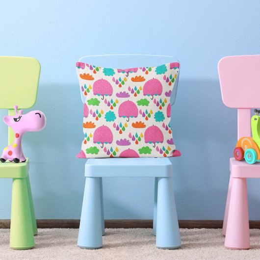 Pink Umbrellas with Clouds and Raindrops クッション