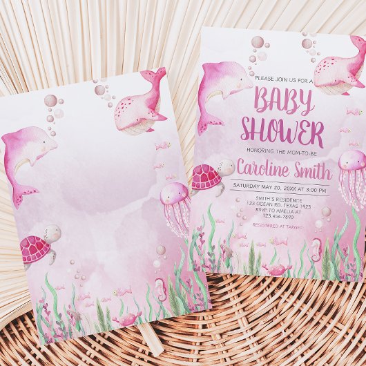 Pink Under the Sea Baby Shower 招待状