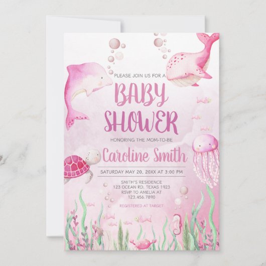 Pink Under the Sea Baby Shower 招待状 (正面)