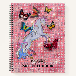 Pink Unicorn and Butterflies Glitter Sketchbook ノートブック
