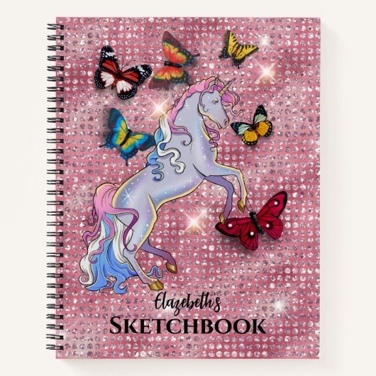 Pink Unicorn and Butterflies Glitter Sketchbook ノートブック (正面)