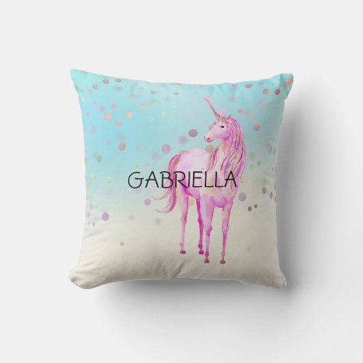 Pink Unicorn Confetti Personalized Name クッション (正面)