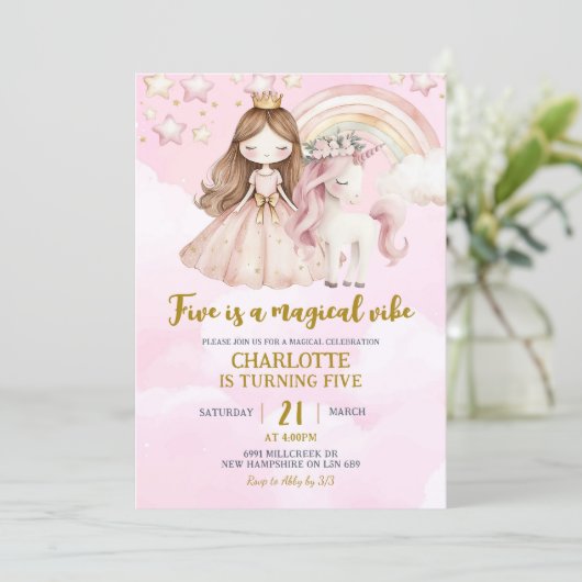 Pink Unicorn Five Is A Magical Vibe Birthday 招待状 (スタンド正面)
