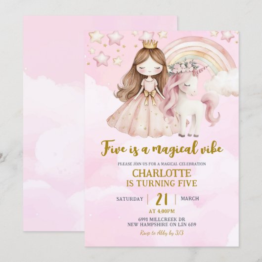 Pink Unicorn Five Is A Magical Vibe Birthday 招待状 (正面/裏面)