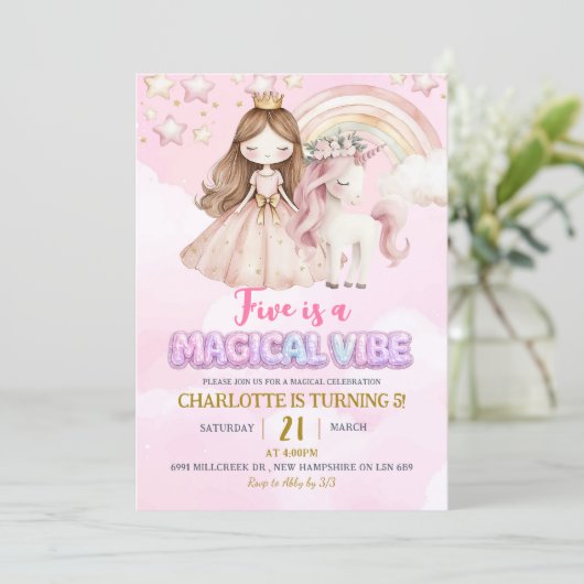 Pink Unicorn Five Is A Magical Vibe Birthday 招待状 (スタンド正面)