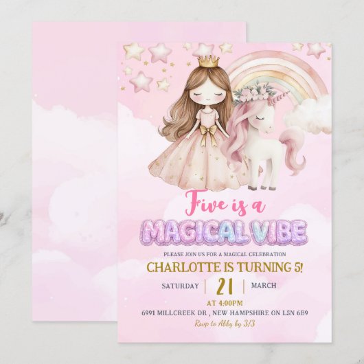 Pink Unicorn Five Is A Magical Vibe Birthday 招待状 (正面/裏面)