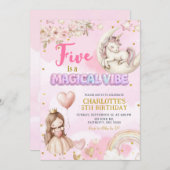 Pink Unicorn Five Is A Magical Vibe Fifth Birthday 招待状 (正面/裏面)