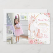 Pink Unicorn Floral Birthday Party Photo サンキューカード (正面)