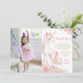Pink Unicorn Floral Birthday Party Photo サンキューカード (スタンド正面)