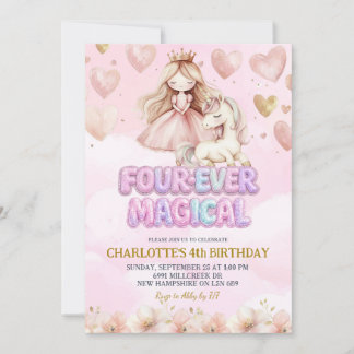 Pink Unicorn Four ever Magical Fourth Birthday 招待状