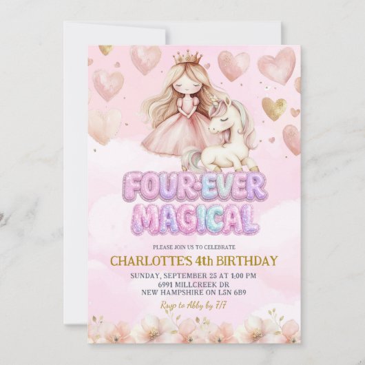 Pink Unicorn Four ever Magical Fourth Birthday 招待状 (正面)