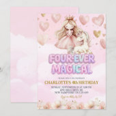 Pink Unicorn Four ever Magical Fourth Birthday 招待状 (正面/裏面)