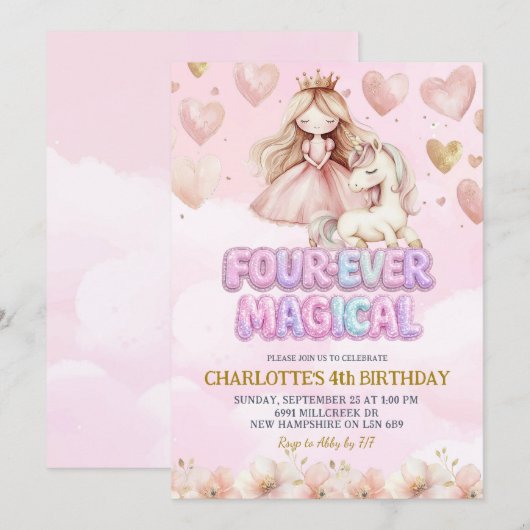Pink Unicorn Four ever Magical Fourth Birthday 招待状 (正面/裏面)