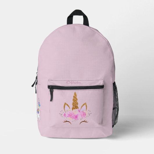 Pink Unicorn Hat Photo Named Back to School プリントバックパック (正面)
