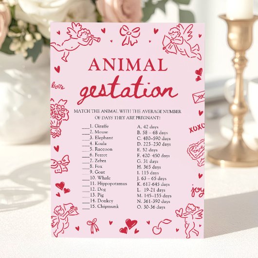Pink Valentine Animal Gestation Baby Shower Game 招待状